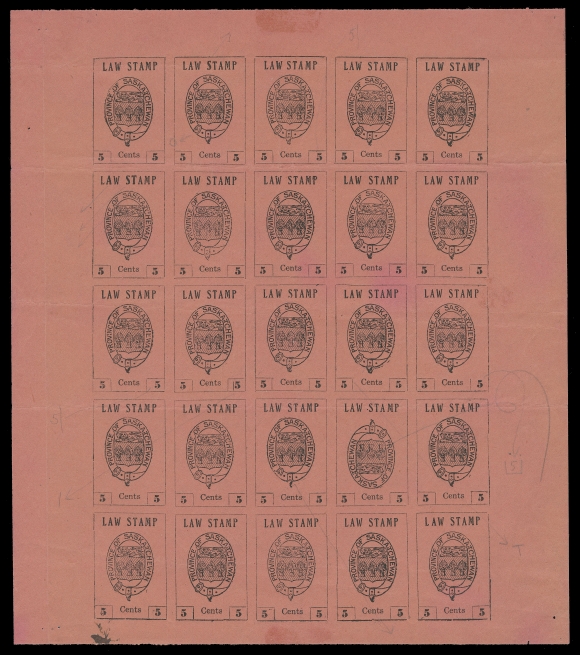 CANADA REVENUES (PROVINCIAL)  SL1,Five cents proof sheet typeset in black on red wove paper 200 x 228mm; indicated with penciled arrows and identification of visible plate flaws including Pos. 19 with inverted centre, Pos. 12 with "15" lower right value tablet, among other traits of the plate. Light horizontal folds and vertical crease in left margin mentioned for the record. 

Also a printer