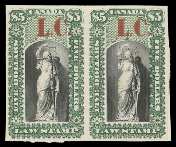 CANADA REVENUES (PROVINCIAL)  QL1/QL14,An impressive lot of 33 plate proofs including trial colours, on india paper (some card mounted). Includes singles dark blue 5c (2), 30c, vermilion 60c (2), green issued colour 10c, 20c, 40c (2), 50c, 60c, 80c (2), $1, $2, $5 (2). Also pairs of brown 80c, dark blue 5c, green 40c (2), 60c and 80c (2), $5; one green 40c & 80c pair show the right-hand position with High Period variety. Mainly VF