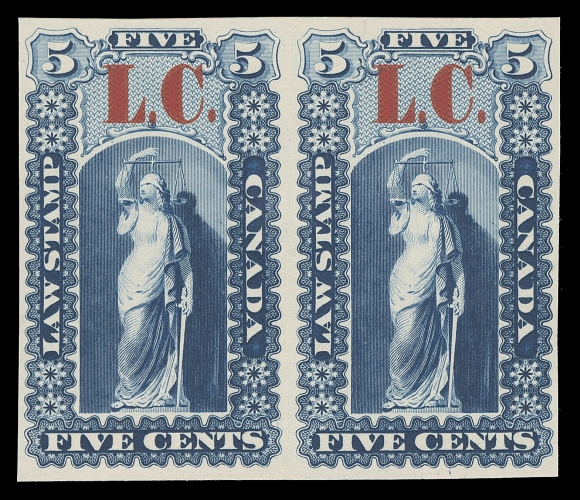 CANADA REVENUES (PROVINCIAL)  QL1/QL14,An impressive lot of 33 plate proofs including trial colours, on india paper (some card mounted). Includes singles dark blue 5c (2), 30c, vermilion 60c (2), green issued colour 10c, 20c, 40c (2), 50c, 60c, 80c (2), $1, $2, $5 (2). Also pairs of brown 80c, dark blue 5c, green 40c (2), 60c and 80c (2), $5; one green 40c & 80c pair show the right-hand position with High Period variety. Mainly VF