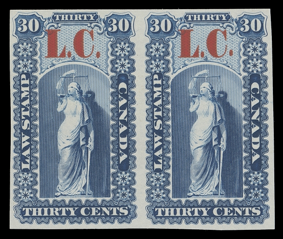 CANADA REVENUES (PROVINCIAL)  5c Plate essay (never issued) and 30c plate proof, pairs in deep blue on india paper, "L.C." overprint in carmine, both show the High Period variety on one position, very scarce, VF

This variety can be found on positions 2, 25, 30 and 49 in the sheets of 50.