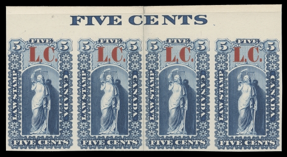 CANADA REVENUES (PROVINCIAL)  A striking plate essay strip of four on card mounted india paper (prepared but never issued), overprinted "L.C." in carmine. "FIVE CENTS" counter imprint at top; vertical fold at centre between pairs. Quite possibly a UNIQUE multiple, VF