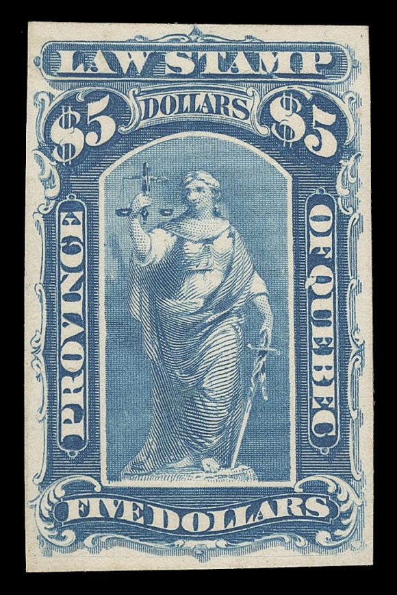 CANADA REVENUES (PROVINCIAL)  QL15-QL28,The set of 14 plate proofs, all the issued denominations. The 10c to 90c in vermilion on card mounted india (ex 70c on india), also the $1 to $5 in dark blue on card mounted india, plus an extra 50c vermilion with extra large margins (likely a die proof) and a 90c in copper red on india. Also trial colours on india in deep purple of 10c, 20c, 30c, 40c blue, 60c lilac and $1 yellow green. A most appealing and rare assembly, VF
