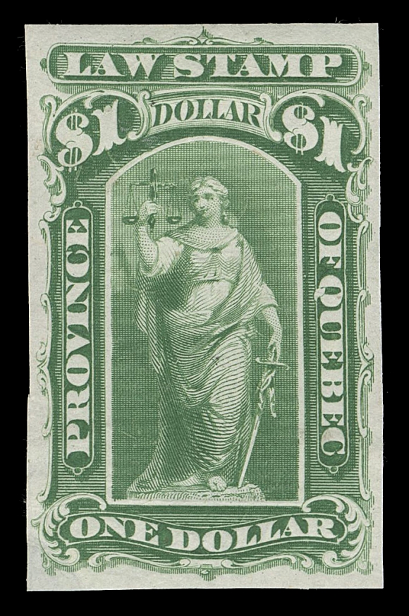 CANADA REVENUES (PROVINCIAL)  QL15-QL28,The set of 14 plate proofs, all the issued denominations. The 10c to 90c in vermilion on card mounted india (ex 70c on india), also the $1 to $5 in dark blue on card mounted india, plus an extra 50c vermilion with extra large margins (likely a die proof) and a 90c in copper red on india. Also trial colours on india in deep purple of 10c, 20c, 30c, 40c blue, 60c lilac and $1 yellow green. A most appealing and rare assembly, VF