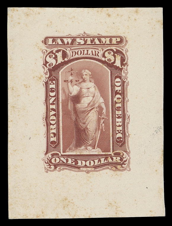 CANADA REVENUES (PROVINCIAL)  QL24,Trial Colour Die Proof printed in red brown on card mounted india paper 44 x 60mm; light foxing mostly visible outside design. A  rarely seen die proof of the 1871 Law Stamp series, VF