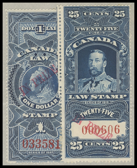 CANADA REVENUES (FEDERAL)  FSC30, 31,Two singles handstamped "IN PRIZE" in red, serial numbers "033581" and "000606"; both affixed uncancelled to a very scarce "The Oregon" document with Exchequer Court IN PRIZE handstamp at top, both fault-free and F-VF (Cat. value for two stamps)