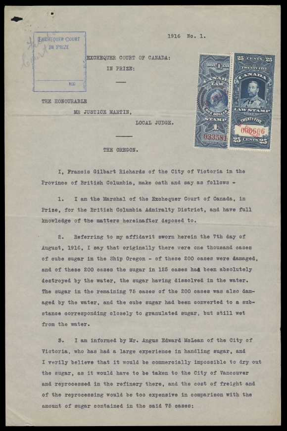 CANADA REVENUES (FEDERAL)  FSC30, 31,Two singles handstamped "IN PRIZE" in red, serial numbers "033581" and "000606"; both affixed uncancelled to a very scarce "The Oregon" document with Exchequer Court IN PRIZE handstamp at top, both fault-free and F-VF (Cat. value for two stamps)