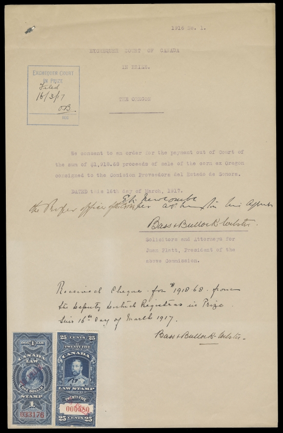 CANADA REVENUES (FEDERAL)  FSC30, 31,Two singles "IN PRIZE" in red, serial numbers "033176" and "000580"; both affixed uncancelled and unpunched to "The Oregon" document, Exchequer Court IN PRIZE handstamp at top and manuscript "Filed 16/3/17". A beautiful document in an excellent state of preservation, VF (Cat. value is for stamps only)