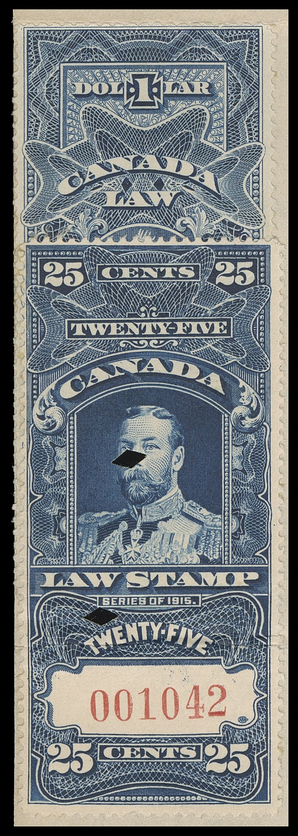 CANADA REVENUES (FEDERAL)  FSC8, 15,Two regular Supreme Court singles used instead of "IN PRIZE" overprints, on "The Oregon" document, Exchequer Court IN PRIZE handstamp at top and manuscript "Filed 20th June 1917", light horizontal fold on 25c, F-VF