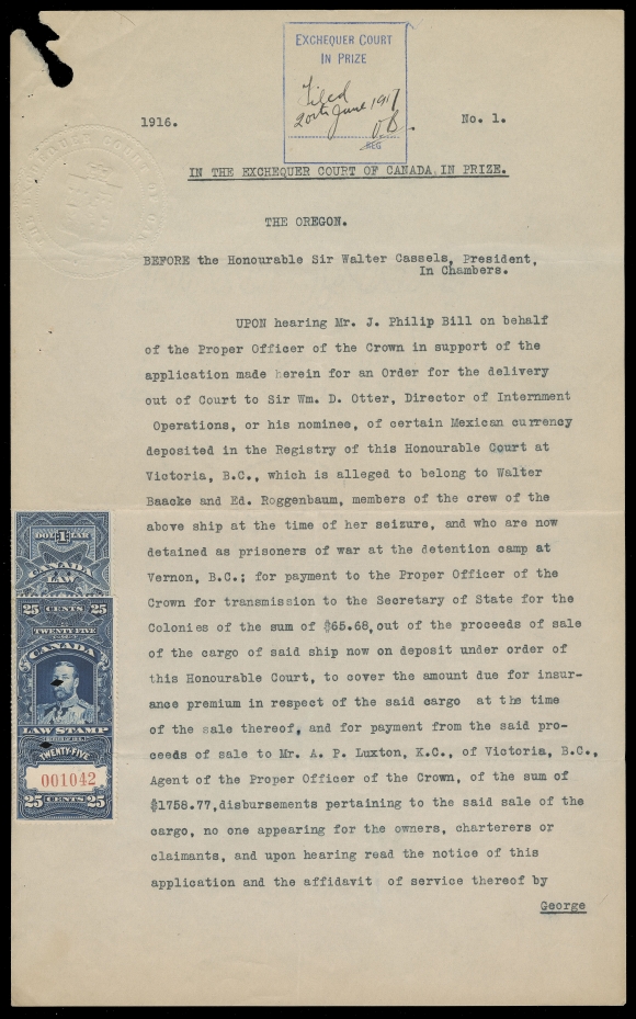 CANADA REVENUES (FEDERAL)  FSC8, 15,Two regular Supreme Court singles used instead of "IN PRIZE" overprints, on "The Oregon" document, Exchequer Court IN PRIZE handstamp at top and manuscript "Filed 20th June 1917", light horizontal fold on 25c, F-VF