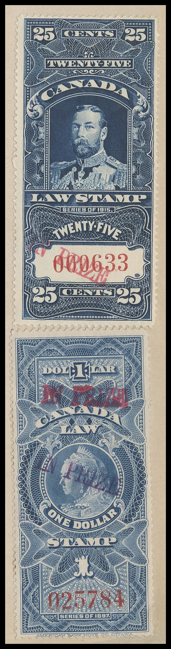 CANADA REVENUES (FEDERAL)  FSC30b, 31,Two singles handstamped "IN PRIZE" in red, former with DOUBLE OVERPRINT (one in red and one in purple), serial numbers "025784" and "000633"; both affixed uncancelled and unpunched to "The Oregon" document, Exchequer Court IN PRIZE handstamp at top with manuscript "Filed 20th June 1917". An exceptional "IN PRIZE" document in an excellent state of preservation, VF (Cat. value for two stamps)
