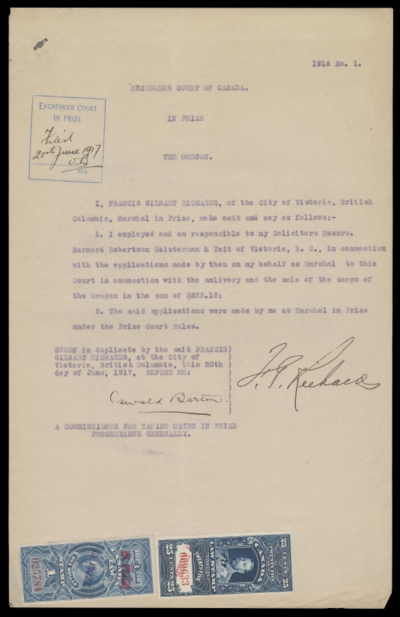 CANADA REVENUES (FEDERAL)  FSC30b, 31,Two singles handstamped "IN PRIZE" in red, former with DOUBLE OVERPRINT (one in red and one in purple), serial numbers "025784" and "000633"; both affixed uncancelled and unpunched to "The Oregon" document, Exchequer Court IN PRIZE handstamp at top with manuscript "Filed 20th June 1917". An exceptional "IN PRIZE" document in an excellent state of preservation, VF (Cat. value for two stamps)
