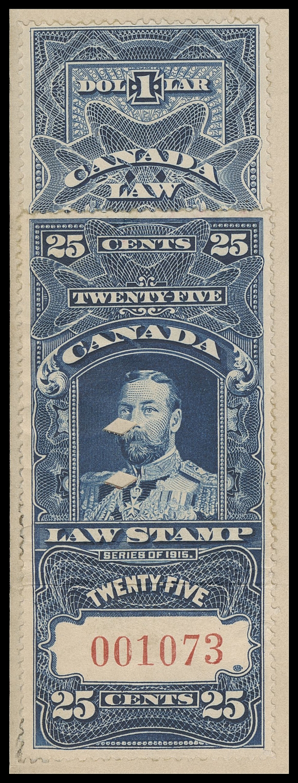 CANADA REVENUES (FEDERAL)  FSC8, 15,Two regular Supreme Court singles used instead of "IN PRIZE" overprints (the supply of which was likely exhausted by that time); punch cancelled to "The Oregon" document, Exchequer Court IN PRIZE handstamp and manuscript "Filed 10th July 1917", light fold on 25c, otherwise F-VF