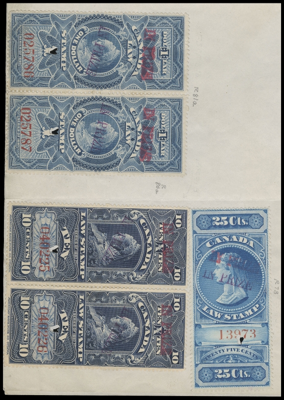 CANADA REVENUES (FEDERAL)  FSC27, 29a, 30b,"Writ of Summons" document with Exchequer Court IN PRIZE handstamp and manuscript "30/6/16", bearing an exceptional franking of a single 25c blue Young Queen (serial number "13973"), horizontal pair of 10c Widow Queen  ("040225" and "040226") and horizontal pair of $1 Widow Queen ("025786" and "025787"). ALL FIVE STAMPS WITH DOUBLE "IN PRIZE" OVERPRINTS IN RED AND IN PURPLE. Document reads "This Writ was served by me by posting the original writ to the mainmast (this document) of the "Leonor" and subsequently replacing the original writ with a true copy thereof annexed to the mainmast on Friday the 30th day of June 1916." An outstanding item in all respects; stamps in choice condition, attractively cancelled by single-punch and ideally placed on document away from the folds, VF (Cat. $24,500 for stamps alone)Provenance: Philip Little, Sissons Sale 335, February 1974; Lot  732Census: Only one other "IN PRIZE" similar franking exists - ex.  Harry Lussey (Part I, October 30, 1998), the 25c is overlapping  the document and creased.One of the two most spectacular "IN PRIZE" frankings; the key 25c Young Queen "IN PRIZE" is exceedingly rare on document and is in flawless condition.