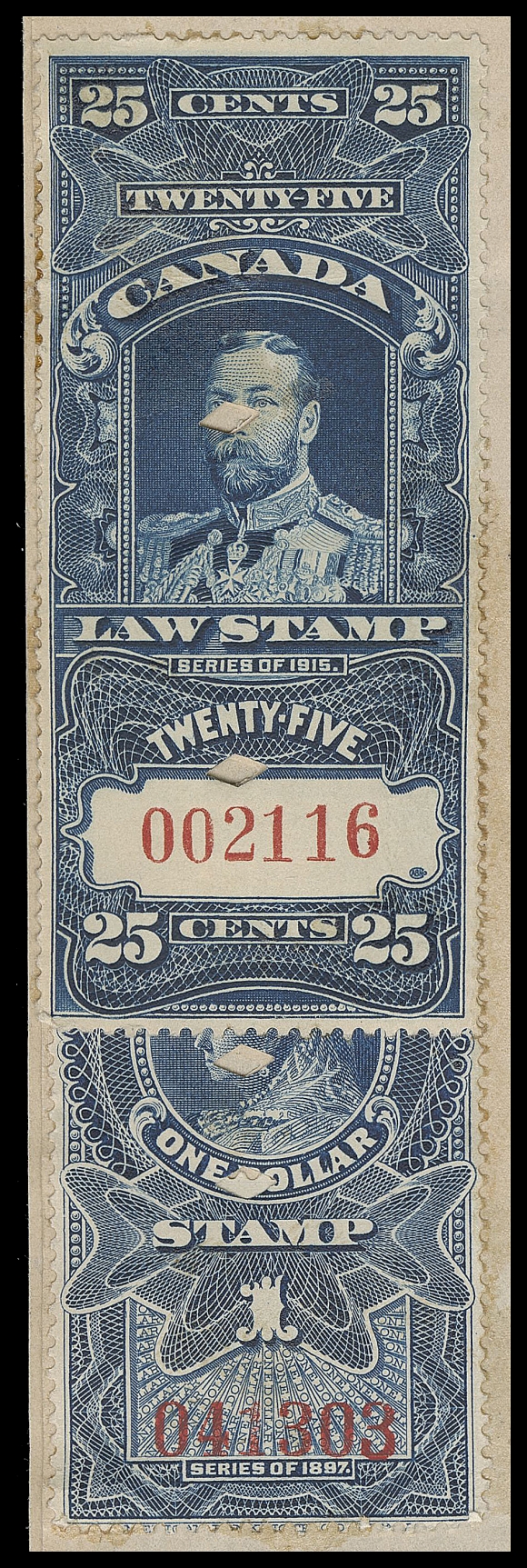 CANADA REVENUES (FEDERAL)  FSC8, 15,Two regular Supreme Court singles (serial numbers "041303" and "002116") used instead of "IN PRIZE" overprints; punch cancelled to "The Oregon" document, Exchequer Court IN PRIZE handstamp with manuscript "Filed 4th March 1920", light horizontal fold on 25c, otherwise F-VF

Interestingly enough, both serial numbers "041303" and "002116" are reported on Zaluski