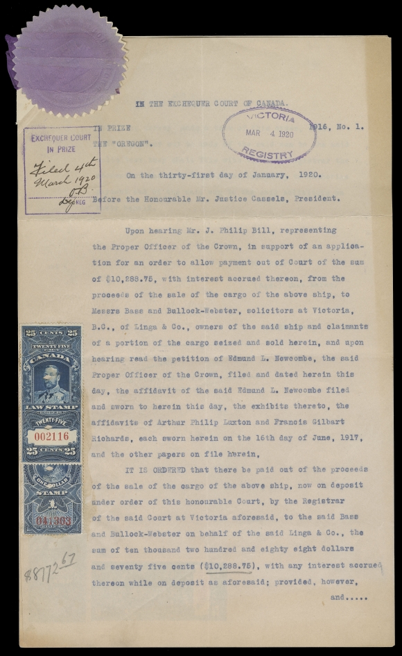 CANADA REVENUES (FEDERAL)  FSC8, 15,Two regular Supreme Court singles (serial numbers "041303" and "002116") used instead of "IN PRIZE" overprints; punch cancelled to "The Oregon" document, Exchequer Court IN PRIZE handstamp with manuscript "Filed 4th March 1920", light horizontal fold on 25c, otherwise F-VF

Interestingly enough, both serial numbers "041303" and "002116" are reported on Zaluski