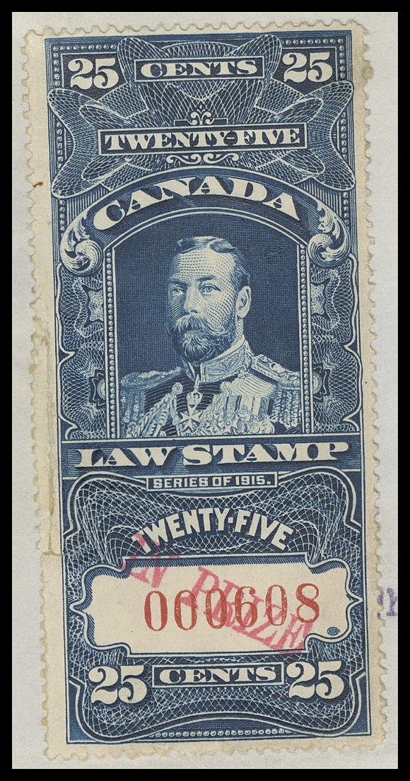 CANADA REVENUES (FEDERAL)  FSC31,A nicely centered example handstamped "IN PRIZE" in red, serial number "000608", sealed tear in left margin, affixed uncancelled to "The Leonor" Affidavit of A.P. Luxton document, Exchequer Court IN PRIZE handstamp on obverse along with manuscript "Filed by way of service 29/7/16". A rare single 25c "IN PRIZE" usage on document, VF (Cat. value for the stamp)