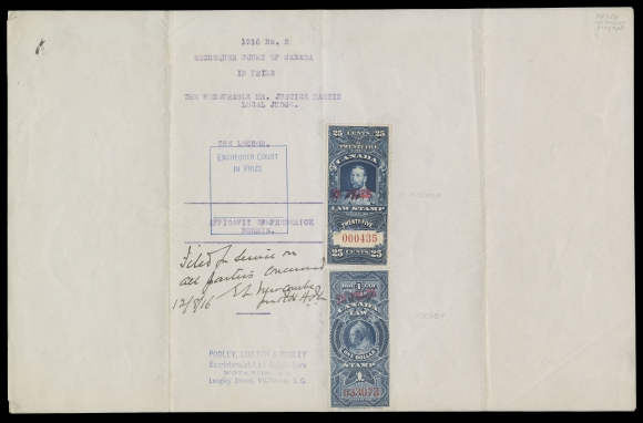 CANADA REVENUES (FEDERAL) FSC30, 31,Two singles handstamped "IN PRIZE" in red, serial numbers "033073" and "000435", latter with small flaws; both affixed uncancelled on obverse of "The Leonor" three-page Affidavit of Frederick Norris document, which details the contents of the cargo on board, handstamped Exchequer Court IN PRIZE with manuscript "Filed in service on all parties concerned 12/8/16". A significant and very attractive document, VF (Cat. value for stamps)