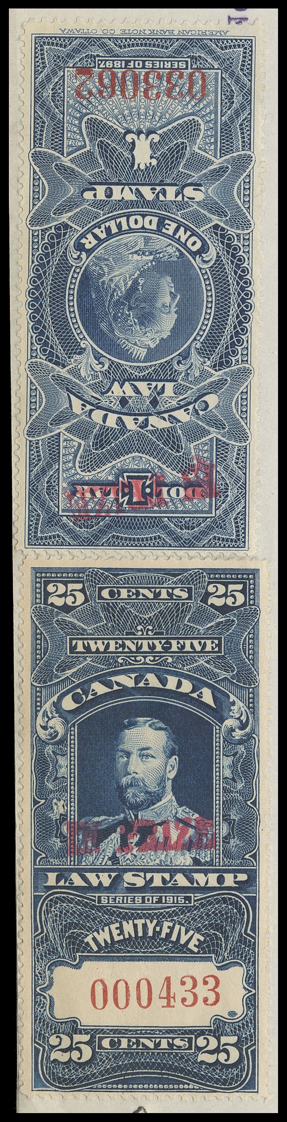 CANADA REVENUES (FEDERAL)  FSC30, 31,Two singles handstamped "IN PRIZE" in red, serial numbers "033062" and "000433", both in choice condition, quite well centered and affixed uncancelled to first page of "The Leonor" three-page Affidavit of "A.P. Luxton" document, which details steps taken for the case, handstamped Exchequer Court IN PRIZE with manuscript "17/10/16" and initialed "O.B." (Oswald Barton), a significant and very attractive document, VF (Cat. value for stamps)