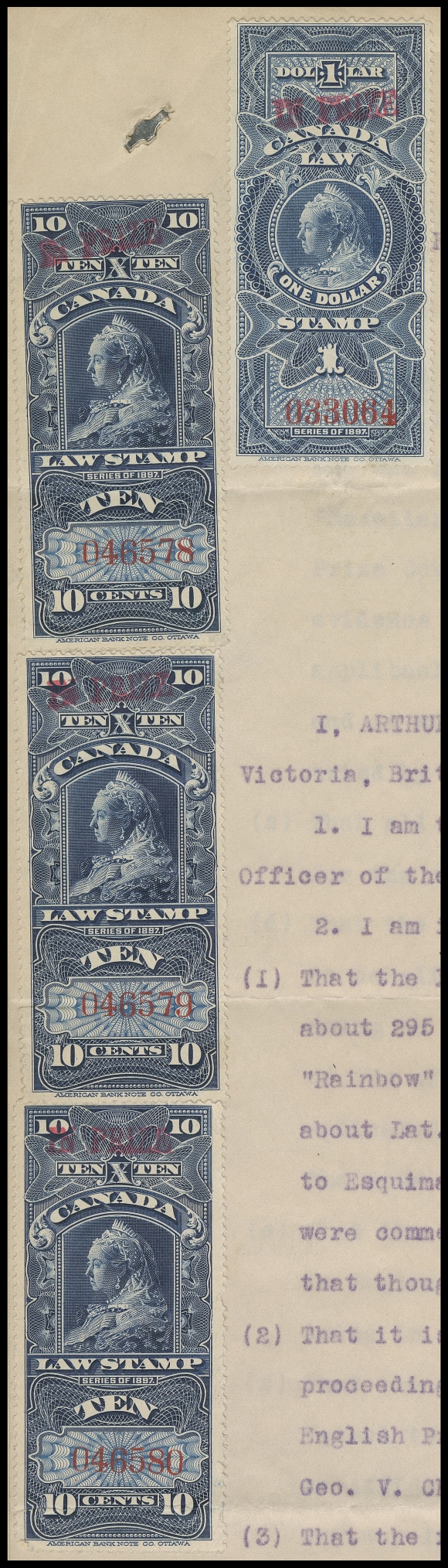 CANADA REVENUES (FEDERAL)  FSC29, 30,An impressive franking consisting of three examples of 10c dark blue, serial numbers "046578", "046579" and "046580" and a single $1 blue ("033064"), all handstamped "IN PRIZE" in red at top; three 10c stamps with light usage folds, the $1 is sound. All quite well centered and affixed uncancelled to first page of "The Leonor" four-page Affidavit of A.P. Luxton document detailing the case against the ship "Leonor", handstamped Exchequer Court IN PRIZE along with manuscript "1 November 16" and initialed. A very rare and most unusual "IN PRIZE" document - very few are franked with the 10 cent Widow Queen "IN PRIZE", F-VF (Cat. $3,800 is for stamps alone)