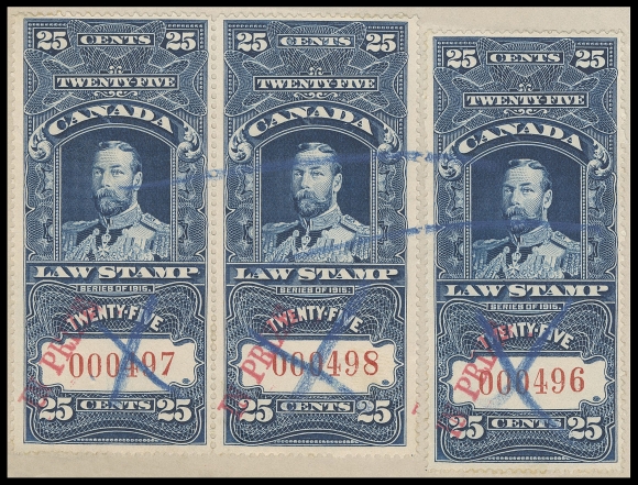 CANADA REVENUES (FEDERAL)  FSC31,A superb and very rarely seen multiple franking with single and  pair of 25c KGV, serial numbers "000496" to "000498" with "IN  PRIZE" overprints in red, all in selected condition with  brilliant fresh colours, nicely centered and sound, cancelled by  blue crayon lines on first page of "The Leonor" two-page Chamber  Summons, handstamped Exchequer Court IN PRIZE along with  manuscript "13 Nov 1916" and initialed. A very rare franking,  especially desirable in such an excellent state of preservation,  VF (Cat. value for stamps)