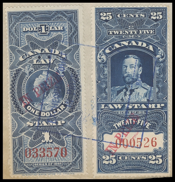 CANADA REVENUES (FEDERAL)  FSC30, 31,Two singles handstamped "IN PRIZE" in red, serial numbers "033570" and "000526", both quite well centered with brilliant fresh colour, unusually cancelled and tied by Exchequer Court IN PRIZE handstamp in blue to second page of "The Leonor" three-page Claim document giving full details about capture by the "Rainbow", its content and ownership of the ship. Additional handstamp Exchequer Court IN PRIZE and manuscript "Filed 14/11/16", initialed "O.B." (Oswald Barton). A significant and important historical document, VF (Cat. value for stamps). Also includes "Minutes of Filing" document which accompanied the Claim.