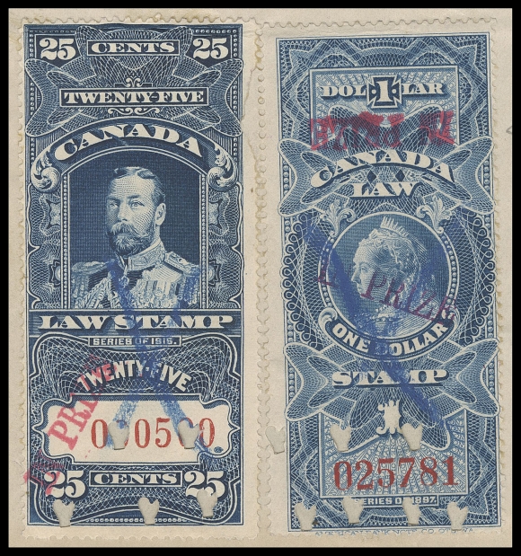 CANADA REVENUES (FEDERAL)  FSC30c, 31,Two singles, ideally placed side-by-side, serial numbers "025781" and "000500" with 25c KGV "IN PRIZE" handstamp in red, used with $1 Widow Queen with DOUBLE OVERPRINT -  one in purple and ONE IN RED INVERTED - the latter UNIQUE and the basis for the new listing (illustrated in Van Dam catalogue), both punch cancelled at foot with blue crayon cancel, on bottom of first page of "The Leonor" two-page Order, details on what to do with cargo, handstamped Exchequer Court IN PRIZE with manuscript "15 Nov 1916" and initialed. Both stamps just touching file fold at top. THE ONLY KNOWN EXAMPLE OF AN INVERTED "IN PRIZE" $1 Widow Queen, F-VF (Cat. value for stamps)