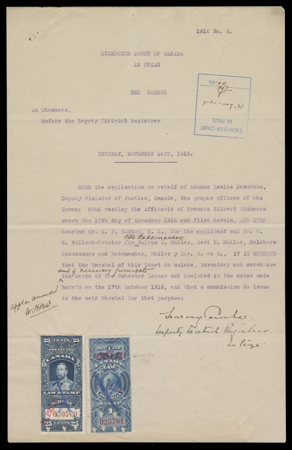 CANADA REVENUES (FEDERAL)  FSC30c, 31,Two singles, ideally placed side-by-side, serial numbers "025781" and "000500" with 25c KGV "IN PRIZE" handstamp in red, used with $1 Widow Queen with DOUBLE OVERPRINT -  one in purple and ONE IN RED INVERTED - the latter UNIQUE and the basis for the new listing (illustrated in Van Dam catalogue), both punch cancelled at foot with blue crayon cancel, on bottom of first page of "The Leonor" two-page Order, details on what to do with cargo, handstamped Exchequer Court IN PRIZE with manuscript "15 Nov 1916" and initialed. Both stamps just touching file fold at top. THE ONLY KNOWN EXAMPLE OF AN INVERTED "IN PRIZE" $1 Widow Queen, F-VF (Cat. value for stamps)