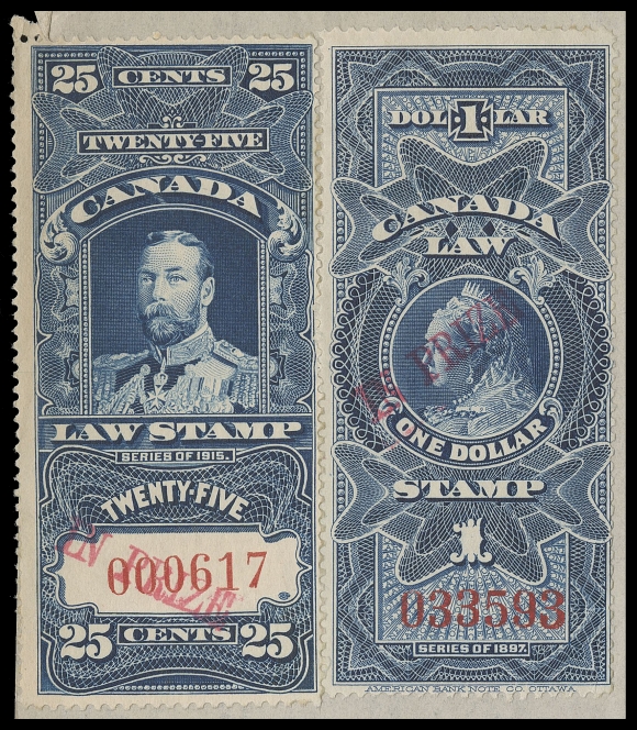CANADA REVENUES (FEDERAL)  FSC30, 31,Two singles handstamped "IN PRIZE" in red, placed side-by-side, serial numbers "033593" and "000617", both in fresh, sound condition, affixed uncancelled to "The Leonor" one-page document titled "Marshal