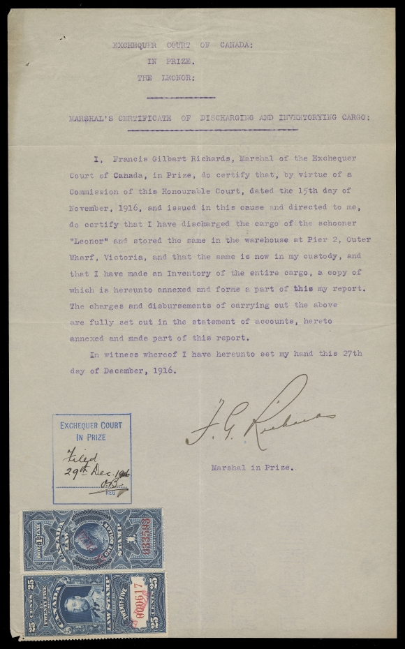 CANADA REVENUES (FEDERAL)  FSC30, 31,Two singles handstamped "IN PRIZE" in red, placed side-by-side, serial numbers "033593" and "000617", both in fresh, sound condition, affixed uncancelled to "The Leonor" one-page document titled "Marshal