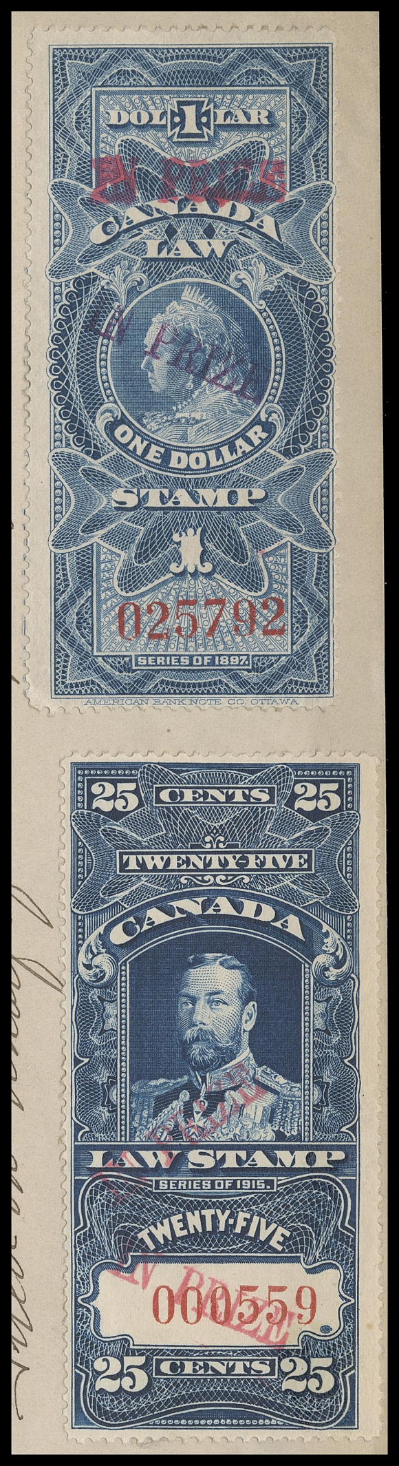 CANADA REVENUES (FEDERAL)  FSC30b, 31a,Two singles, serial numbers "025792" and "000559", former with DOUBLE OVERPRINT "IN PRIZE" IN RED AND IN PURPLE, the latter being the exceedingly rare DOUBLE OVERPRINT in red; both are in brilliant, fresh and choice condition, affixed uncancelled on first page of "The Leonor" two-page Affidavit of A.P. Luxton, handstamped Exchequer Court IN PRIZE with manuscript "Filed 3rd Jan 1917", initialed "O.B." (Oswald Barton). A highly desirable document in an excellent state of preservation, franked with what is believed to be the ONLY KNOWN EXAMPLE OF THE 25 CENT KGV DOUBLE "IN PRIZE" OVERPRINT either on or off document, VF (Cat. value for stamps) Also includes "Minutes of Filing" document which accompanied the Affidavit.