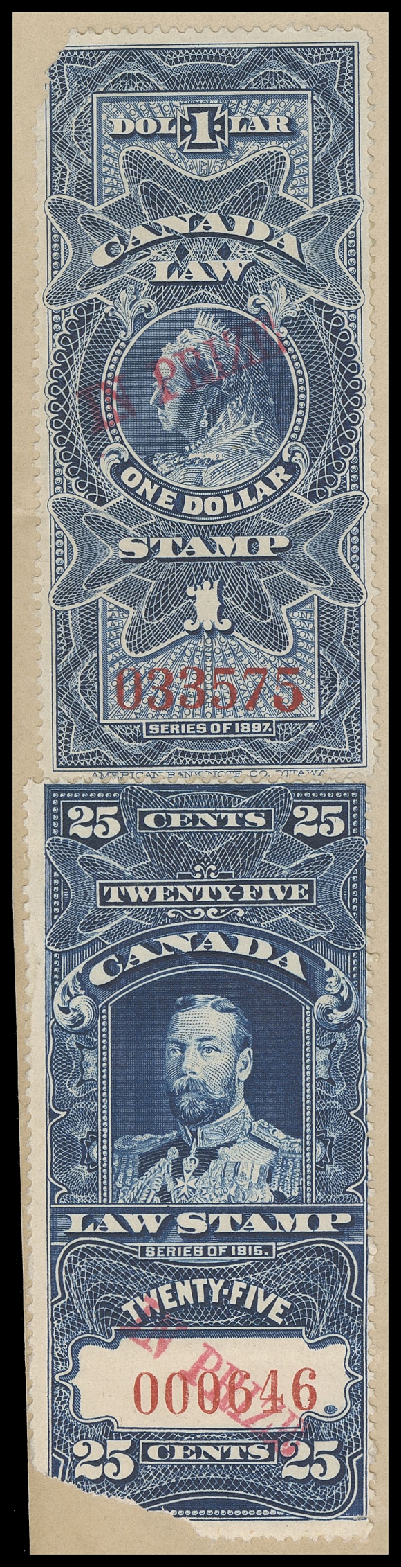 CANADA REVENUES (FEDERAL)  FSC30, 31,Two singles handstamped "IN PRIZE" in red, serial numbers "033575" and "000646", both with corner flaw, affixed uncancelled to first page of "The Leonor" two-page Consent document, handstamped Exchequer Court IN PRIZE with manuscript "10th July 1917", signed Edmund Leslie Newcombe, Deputy Minister of Justice Canada, Fine (Cat. value for stamps $2,200)