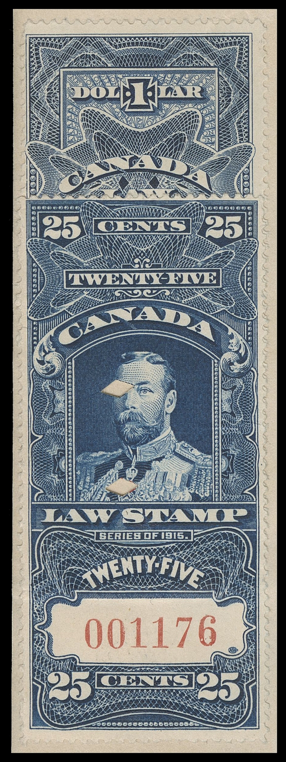 CANADA REVENUES (FEDERAL)  FSC8, 15,Two regular Supreme Court singles used instead of "IN PRIZE" overprints, punch cancelled to "The Leonor"  three-page Order For Sale of Cargo document, Exchequer Court IN PRIZE handstamp at top with manuscript "Filed 29th Aug 1917" and initialed "O.B." (Oswald Barton), light fold on 25c, otherwise F-VF
