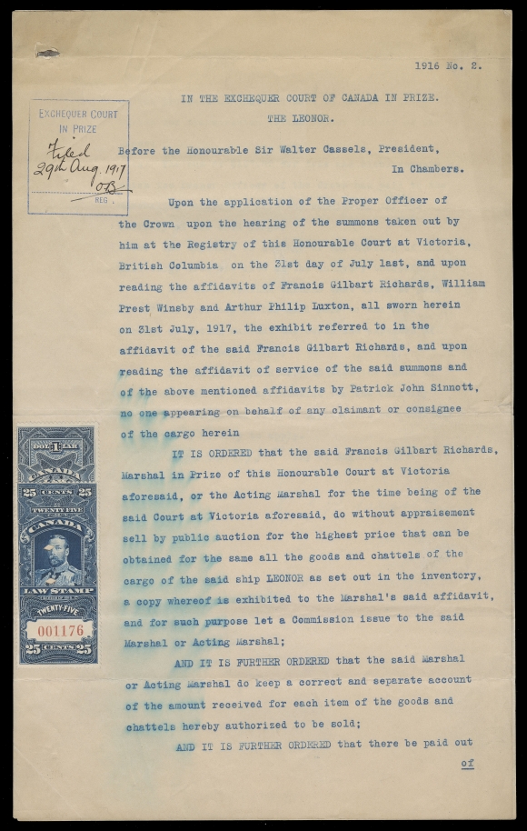 CANADA REVENUES (FEDERAL)  FSC8, 15,Two regular Supreme Court singles used instead of "IN PRIZE" overprints, punch cancelled to "The Leonor"  three-page Order For Sale of Cargo document, Exchequer Court IN PRIZE handstamp at top with manuscript "Filed 29th Aug 1917" and initialed "O.B." (Oswald Barton), light fold on 25c, otherwise F-VF