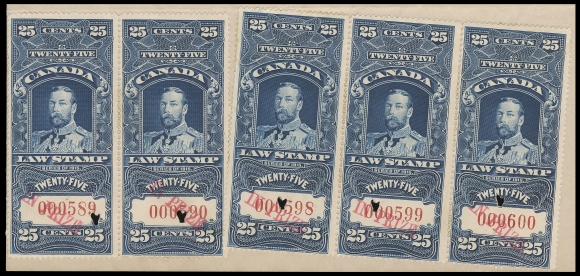 CANADA REVENUES (FEDERAL)  FSC31,An extraordinary multiple franking of the 25c KGV "IN PRIZE" overprint in red - horizontal pair and strip of three, serial numbers "000589-000590" for the pair and "000598-000600" for the strip; marginal sealed tear on one, all remarkably fresh and devoid of the usual flaws and folds seen on these large size revenues, each ideally cancelled by single-punch on first page of "The Leonor" two-page "Consent of E.L. Newcombe" document, releasing part of the cargo to Governor of Sonora State, Mexico, handstamped Exchequer Court IN PRIZE with manuscript "Filed 26th Nov 1917", initialed "O.B. (Oswald Barton). A spectacular and exceedingly rare "IN PRIZE" franking and a glorious showpiece, VF (Cat. value for stamps)