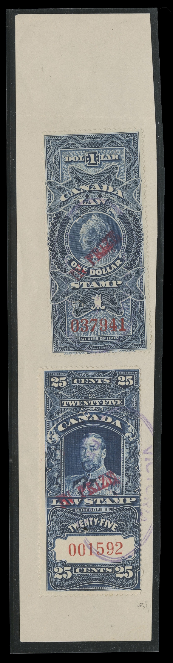 CANADA REVENUES (FEDERAL)  FSC30, 31,The least known (and by far the rarest) of the three Exchequer  Court of Canada In Prize cases, a document piece bearing single  $1 Widow Queen & 25c KGV with "IN PRIZE" overprints in red,  serial numbers "037941" and "001592" respectively, punch  cancelled, the latter tied by double oval Victoria Registry  datestamp, "re-attached" to photocopy of original "The Weser"  document cancelled Dec 9 1940. In Prize revenue stamps reappeared into service after two decades.

A historically significant Canadian Revenue item, a highlight  piece to anyone