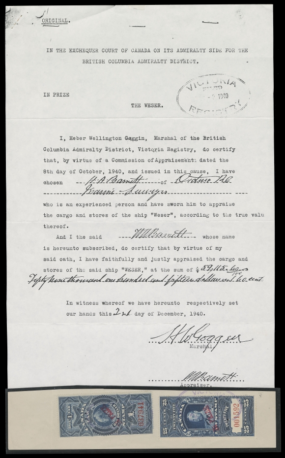 CANADA REVENUES (FEDERAL)  FSC30, 31,The least known (and by far the rarest) of the three Exchequer  Court of Canada In Prize cases, a document piece bearing single  $1 Widow Queen & 25c KGV with "IN PRIZE" overprints in red,  serial numbers "037941" and "001592" respectively, punch  cancelled, the latter tied by double oval Victoria Registry  datestamp, "re-attached" to photocopy of original "The Weser"  document cancelled Dec 9 1940. In Prize revenue stamps reappeared into service after two decades.

A historically significant Canadian Revenue item, a highlight  piece to anyone
