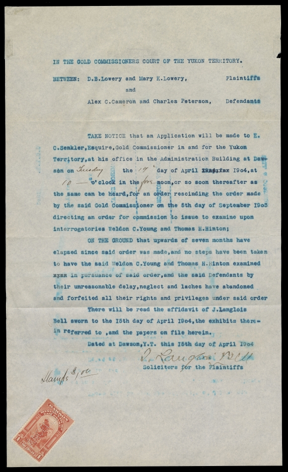 CANADA REVENUES (PROVINCIAL)  YL4,Single tied by customary CANCELLED punch cancel applied vertically on stamp on Gold Commissioners Court "Notice of Motion" document dated April 19, 1904, a rare usage on document, F-VF