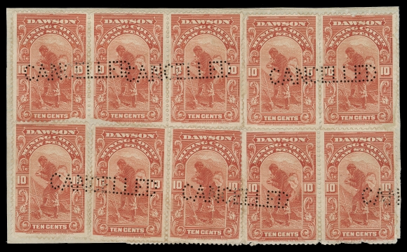 CANADA REVENUES (PROVINCIAL)  YL1,Part document showing an exceptional and no doubt the largest assembly of the key 10c value, with a strip of three, two pairs and three singles on one side and five singles (one cut in half) on reverse; minor faults mainly due to placement, all with the customary pin perforator "CANCELLED" punch device. A striking and unique franking, Fine