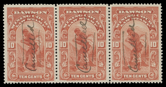 CANADA REVENUES (PROVINCIAL)  YL1,An attractive and well centered horizontal strip of three, with manuscript "Cancelled" used from June 9 to August 6, 1902 prior to the introduction of handstamp and punch cancel devices. A very scarce multiple, fresh and VF (For used non-punch cancelled example a premium of 50% is suggested)
