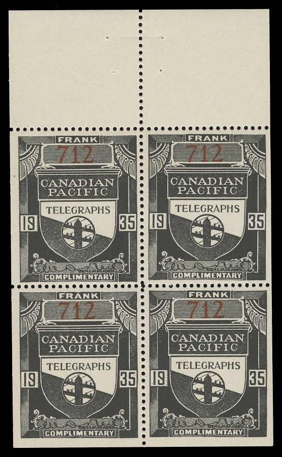 CANADA TELEPHONE AND TELEGRAPH FRANKS  TCP48,A choice mint booklet pane of four with intact tab margin, well centered with full original gum, scarce this nice, VF NH