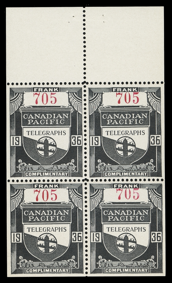 CANADA TELEPHONE AND TELEGRAPH FRANKS  TCP49,A superb mint booklet pane of four with intact tab margin, pristine fresh on white surfaced paper, VF+ NH, seldom seen thus