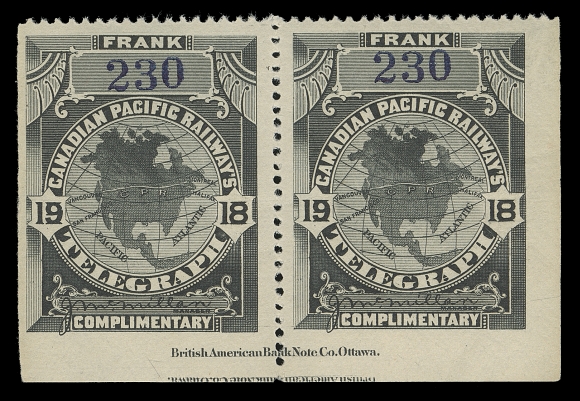 CANADA TELEPHONE AND TELEGRAPH FRANKS  TCP31,Lower margin mint pair showing double imprint variety in tête-bêche orientation; the inverted imprint additionally shows a prominent "plate crack" running through a large portion of the imprint. The only such pair we recall seeing, VF NH