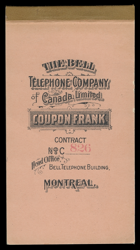 CANADA TELEPHONE AND TELEGRAPH FRANKS  TBT49, TBT52,Complete booklet lithographed in black on thick rose covers, green tape, serial number "C826", signed by Secretary of Bell Telephone Co. on inside front cover and company
