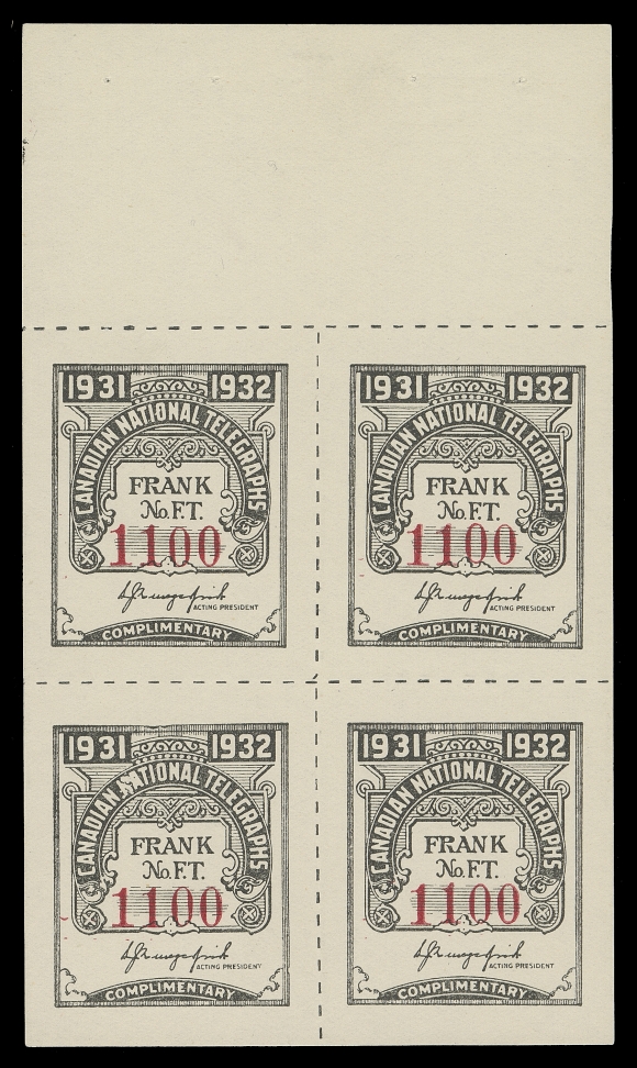 CANADA TELEPHONE AND TELEGRAPH FRANKS  TCN8,A pristine mint booklet pane of four, serial number "1100", tab margin at top, ungummed, VF and very scarce