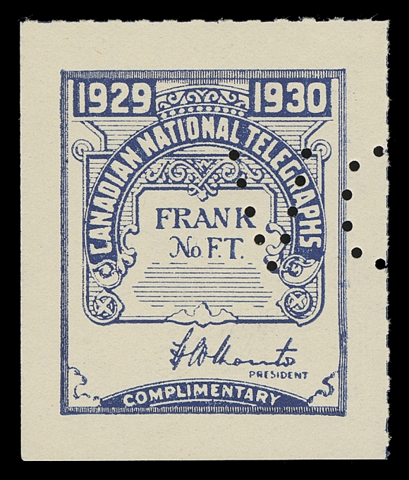 CANADA TELEPHONE AND TELEGRAPH FRANKS  TCN7, TCN8,Matching pair of singles, without control number and single punch "VOID" running across, left single NH, right single mint OG (both ex. John Gaudio, June 2002; Lot 1639-1640); also 1931-1932 Black Frank NH single with right-portion of the (VO)ID punch cancel. All three with Sample Southam Press Limited Montreal boxed hanstamp on gum side. A very scarce trio, VF