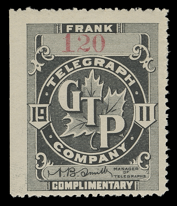 CANADA TELEPHONE AND TELEGRAPH FRANKS  TGT1,Very scarce mint single, serial "120" number, reasonably centered with natural straight edge at left, F-VF OG