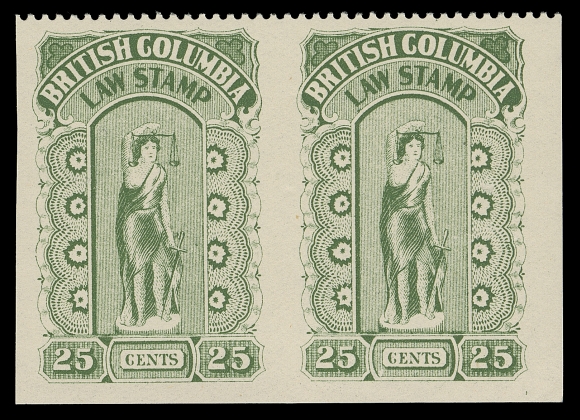 CANADA REVENUES (PROVINCIAL)  BCL23a,Well centered and brilliant fresh mint horizontal pair, imperforate vertically in error, natural straight edge at foot. Allegedly less than a dozen such pairs exist. Bright fresh and VF NH