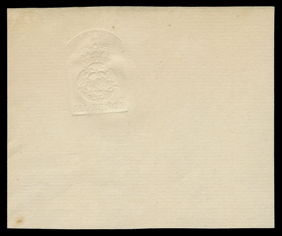 CANADA REVENUES (PROVINCIAL)  QAE1,Superb albino embossed impression on large piece of handmade laid paper measuring 94 x 78mm. Only four examples of the 3p Die A have been recorded in private hands (in any condition; off or on document) by Zaluski, XF; ex. Unknown provenance (Sissons Sale 392, May 1979; Lot 746 - realized $1,700 hammer)