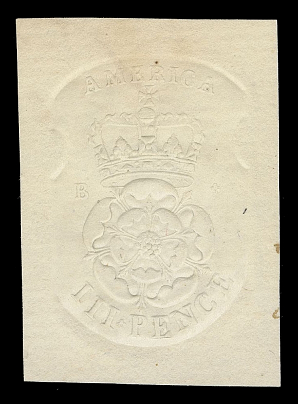 CANADA REVENUES (PROVINCIAL)  QAE2,Sharply impressed albino embossing on thick laid paper, 27 x 39mm; portion of handwritten manuscript letter on back. Only five examples of the 3p Die B have been recorded in private hands (in any condition; off or on document) by Zaluski, VF (Scott Specialized RM24) ex. Unknown provenance (Sissons Sale 392, May 1979; Lot 747 - realized $1,750 hammer), Unknown provenance (Maresch Sale 189, September 1986; Lot 382 - described as "Very rare Die B, this is the only recorded copy that I know of and was only discovered in 1978".)