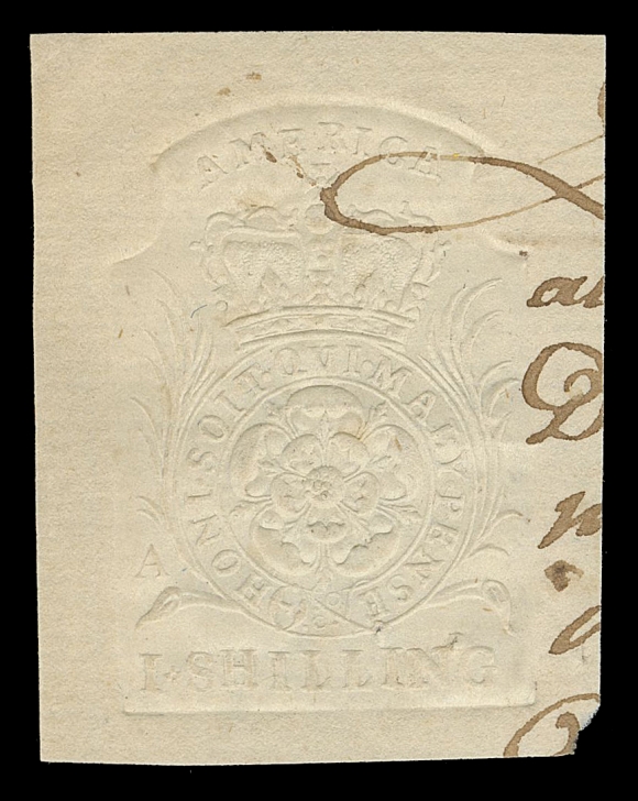CANADA REVENUES (PROVINCIAL)  QAE6,Extremely fine albino impression on laid paper 33 x 43mm; document manuscript along right side mostly clear of the embossing. A very scarce and appealing example of the "I SHILLING" (off or on document) by Zaluski, VF (Scott Specialized RM27) ex.  ex. Unknown provenance (Sissons Sale 392, May 1979; Lot 749), Unknown provenance (Maresch Sale 189, September 1986; Lot 384)